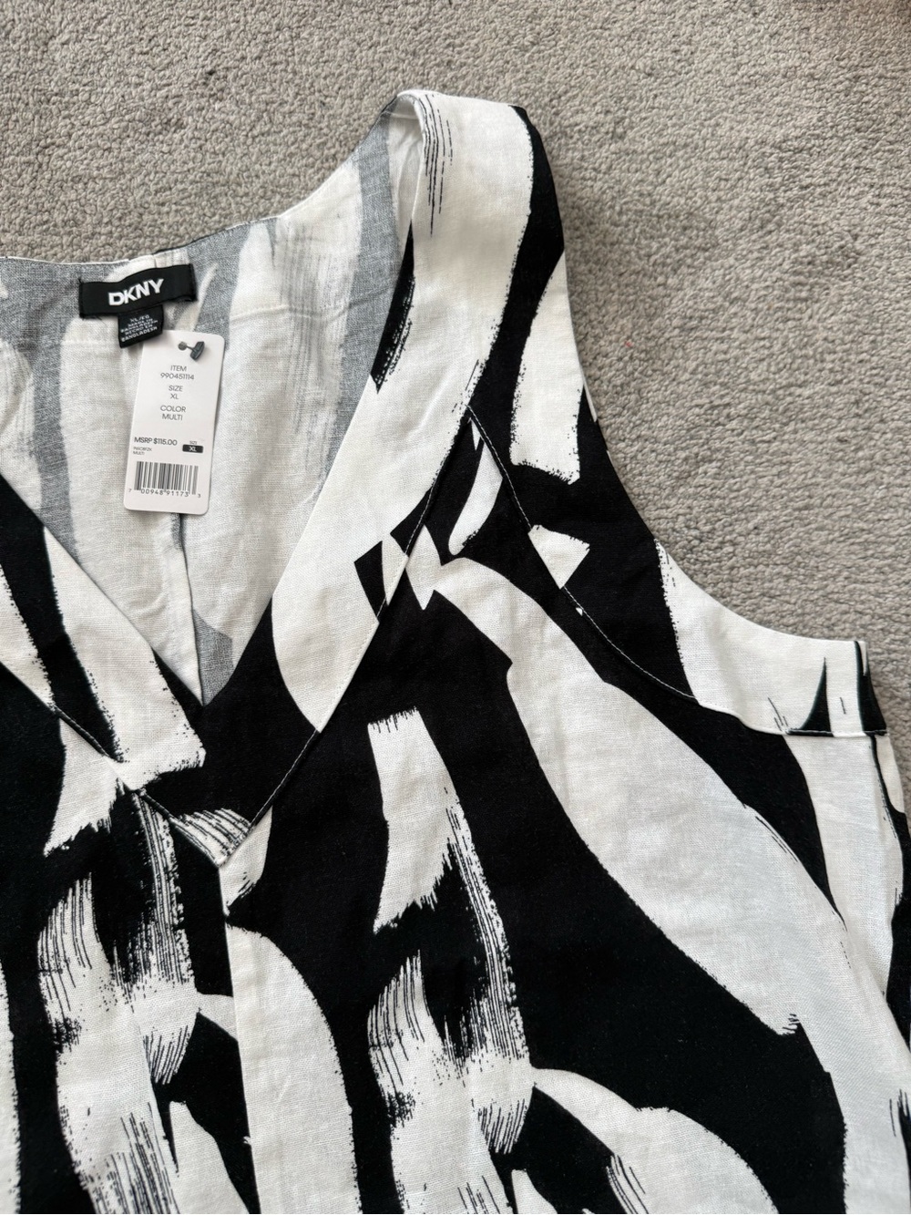 DKNY Linen Blend Black & White Brushstroke V-Neck Sleeveless Maxi Dress - Picture 3 of 7
